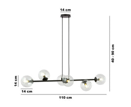 ROSSI 6-Lichts Hanglamp – Zwart Staal met Transparante Glazen Kappen