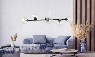 ROSSI 6-Lichts Hanglamp – Zwart Staal met Transparante Glazen Kappen
