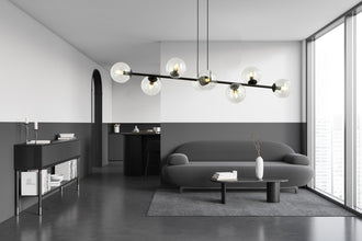 ROSSI 8-Lichts Hanglamp – Zwart Staal met Transparante Glazen Kappen