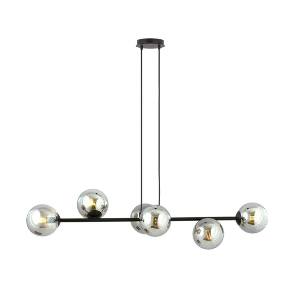ROSSI 6-Lichts Hanglamp – Zwart Staal met Smoke Glazen Kappen