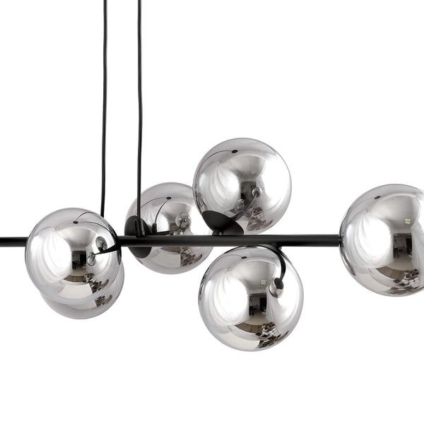 ROSSI 6-Lichts Hanglamp – Zwart Staal met Smoke Glazen Kappen