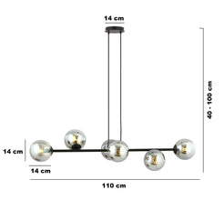 ROSSI 6-Lichts Hanglamp – Zwart Staal met Smoke Glazen Kappen