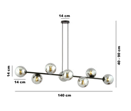 ROSSI 8-Lichts Hanglamp – Zwart Staal met Smoke Glazen Kappen