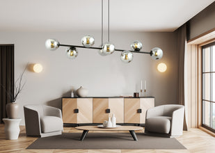 ROSSI 8-Lichts Hanglamp – Zwart Staal met Smoke Glazen Kappen