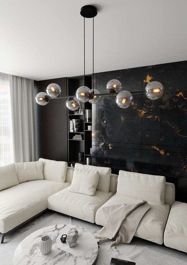 ROSSI 8-Lichts Hanglamp – Zwart Staal met Smoke Glazen Kappen