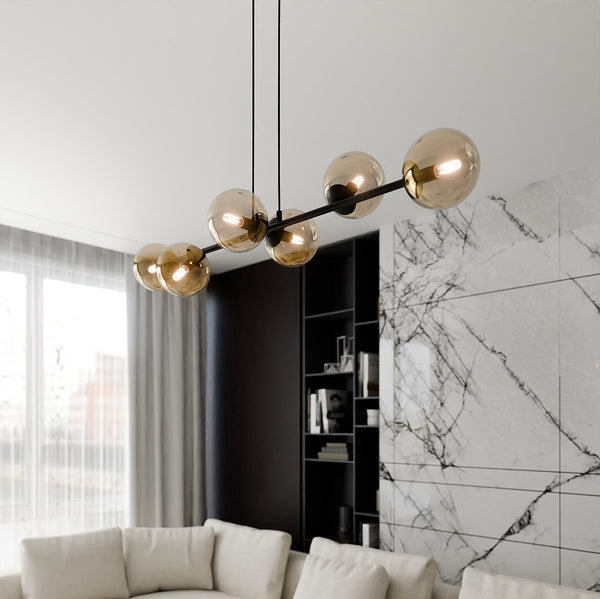 ROSSI 6-Lichts Hanglamp – Zwart Staal met Honingkleurige Glazen Kappen