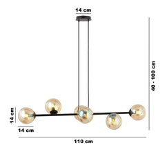 ROSSI 6-Lichts Hanglamp – Zwart Staal met Honingkleurige Glazen Kappen