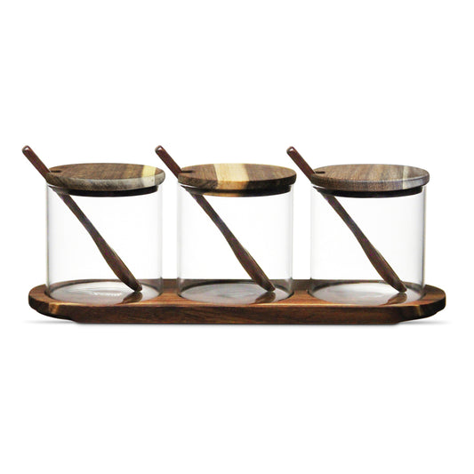 Kruidenpotjes set 3-delig Rio – Glas & acaciahout – 3×300 ml met lepeltjes