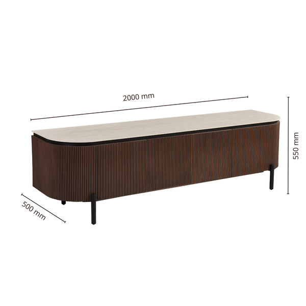 TV-Meubel AZUR 200x50x55 cm – Beige Keramisch Bovenblad & Ribbel Houten Kast op Zwarte Poten – Luxe Design Dressoir voor Woonkamer