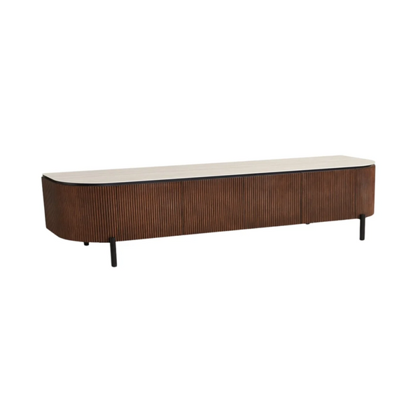 TV-Meubel AZUR 200x50x55 cm – Beige Keramisch Bovenblad & Ribbel Houten Kast op Zwarte Poten – Luxe Design Dressoir voor Woonkamer