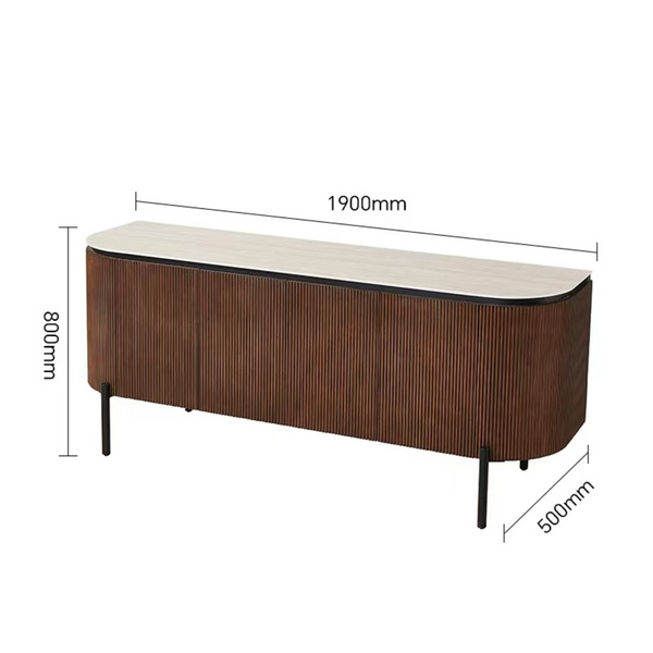 Luxe TV-Meubel AZUR 190x50x80 cm – Ribbel Houten Kast met Beige Keramisch Bovenblad & Zwarte Poten – Modern Design Dressoir
