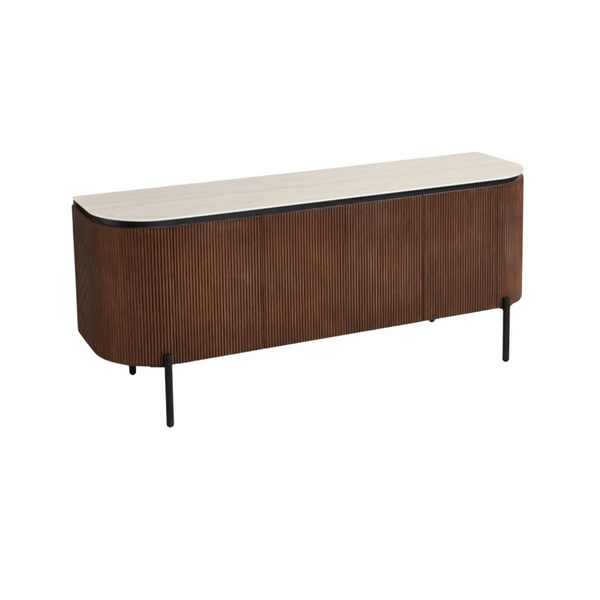 Luxe TV-Meubel AZUR 190x50x80 cm – Ribbel Houten Kast met Beige Keramisch Bovenblad & Zwarte Poten – Modern Design Dressoir