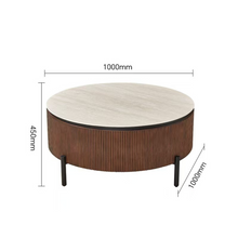 Design Salontafel AZUR Rond Ø100 cm – Keramisch Tafelblad Beige, Ribbel Houten Rand & Zwarte Poten – Moderne Luxe Koffietafel 45 cm Hoog