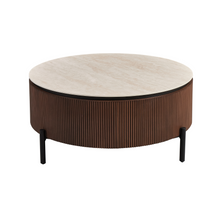 Design Salontafel AZUR Rond Ø100 cm – Keramisch Tafelblad Beige, Ribbel Houten Rand & Zwarte Poten – Moderne Luxe Koffietafel 45 cm Hoog