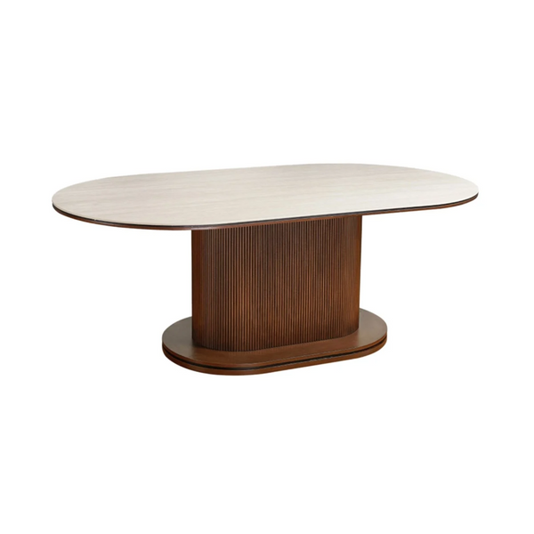Design Eettafel AZUR Ovaal 200x110 cm – Keramisch Tafelblad Beige & Ribbel Houten Onderstel – Luxe Eetkamertafel Modern