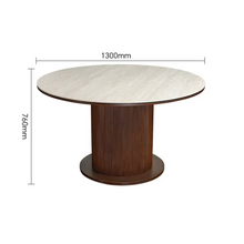 Design Ronde Eettafel AZUR Ø130 cm – Keramisch Tafelblad Beige & Ribbel Houten Poot – Moderne Luxe Eetkamertafel 76 cm Hoog