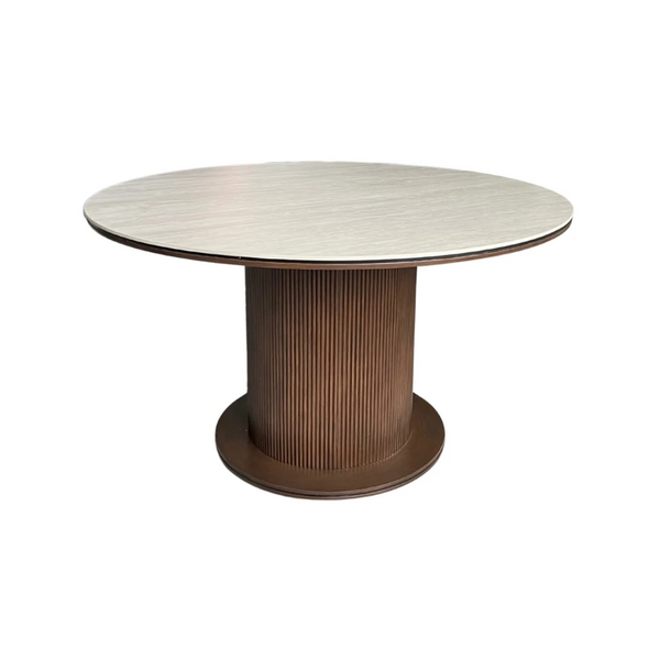 Design Ronde Eettafel AZUR Ø130 cm – Keramisch Tafelblad Beige & Ribbel Houten Poot – Moderne Luxe Eetkamertafel 76 cm Hoog