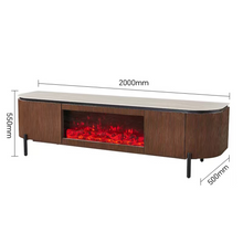 TV-Meubel met Inbouw Elektrische Haard AZUR 200x50x55 cm – Beige Keramisch Tafelblad, Ribbel Hout & LED Vlammen – Luxe Design Dressoir