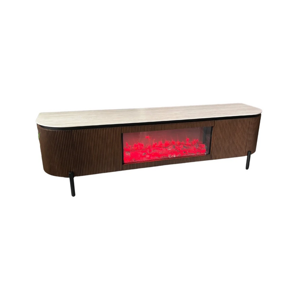 TV-Meubel met Inbouw Elektrische Haard AZUR 200x50x55 cm – Beige Keramisch Tafelblad, Ribbel Hout & LED Vlammen – Luxe Design Dressoir
