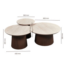 Luxe Salontafelset AZUR 3-Delig – Rond Keramisch Tafelblad Beige & Ribbel Houten Onderstel – Moderne Set 80x38 cm, 65x42 cm, 50x46 cm
