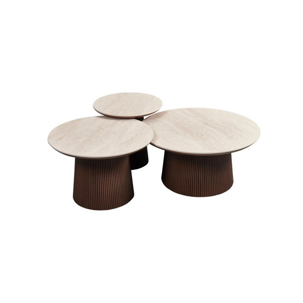 Luxe Salontafelset AZUR 3-Delig – Rond Keramisch Tafelblad Beige & Ribbel Houten Onderstel – Moderne Set 80x38 cm, 65x42 cm, 50x46 cm