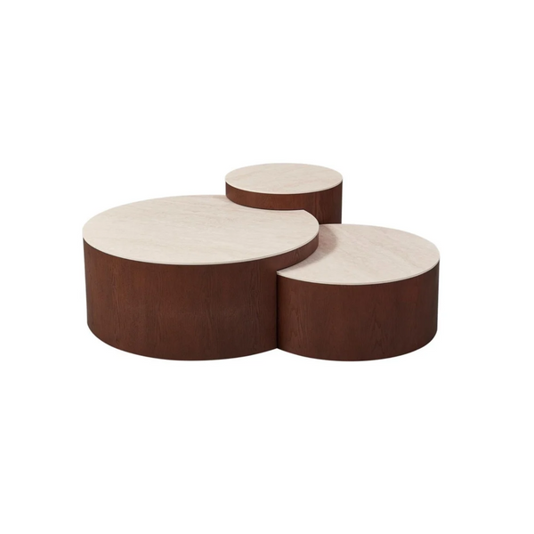 AZUR Ronde Salontafel Set – 3-Delig Keramiek Beige met Houten Onderstel