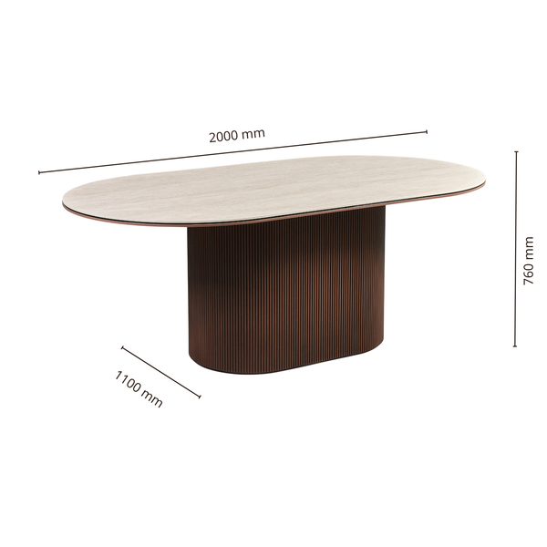Design Eettafel AZUR Ovaal 200x110 cm – Beige Keramisch Tafelblad & Gesloten Ribbel Houten Onderstel – Luxe Moderne Eetkamertafel 76 cm Hoog