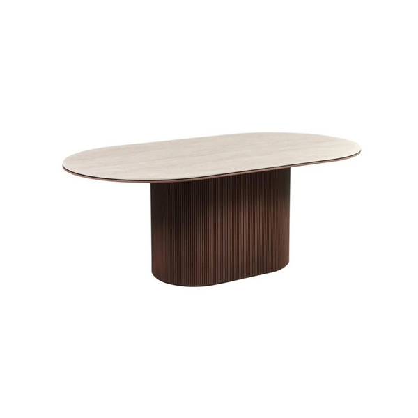 Design Eettafel AZUR Ovaal 200x110 cm – Beige Keramisch Tafelblad & Gesloten Ribbel Houten Onderstel – Luxe Moderne Eetkamertafel 76 cm Hoog