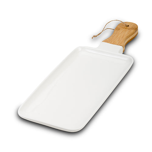 NAVA Rechthoekige Porseleinen Serveerschaal met Bamboe Handvat – 18 x 47 cm