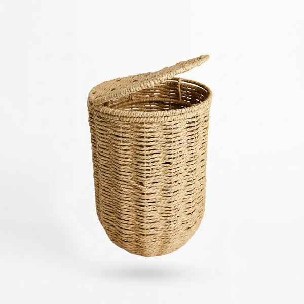 Naturel badkamerprullenmand Boho met het deksel open