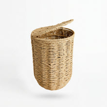 Naturel badkamerprullenmand Boho met het deksel open