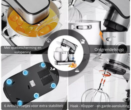 Keukenmachine 2800W – 12L RVS Kom – Digitale Deegmachine met Timer, Touchscreen & 12 Snelheden – Inclusief Haken en Garde