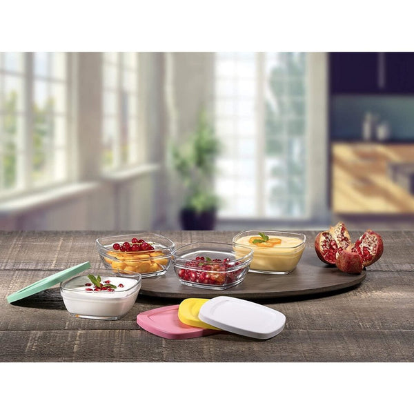 Pasabahce Pudding glazen vershoudkommetjes vierkant – set van 4 stuks met gekleurde deksel 310 ml