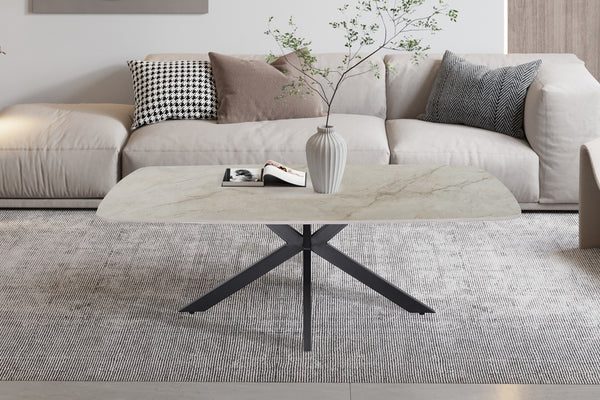 Salontafel Apollo 130 cm Deens ovaal steen beige – luxe design koffietafel met metalen onderstel