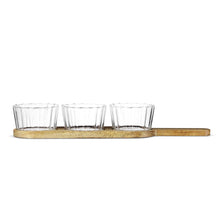 Set van 3 Linea borosilicaatglazen kommen met acacia dienblad – 42 cm