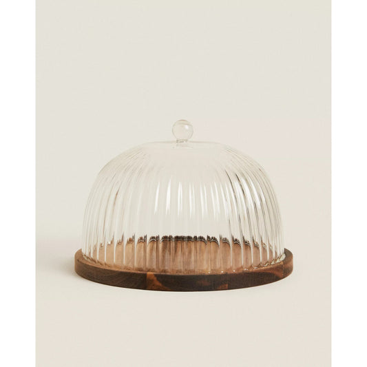 Acaciahouten serveerschaal Linea met glazen deksel – 22 cm