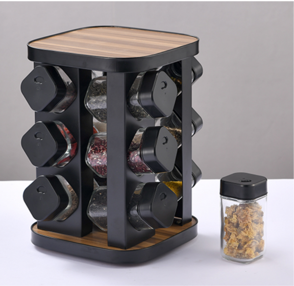 Kruidenrek op 360° Draaibare Stand – 12 Glazen Kruidenpotjes, Zwart/Hout