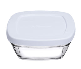 Pasabahce Pudding glazen vershoudkommetjes vierkant – set van 4 stuks met gekleurde deksel 310 ml