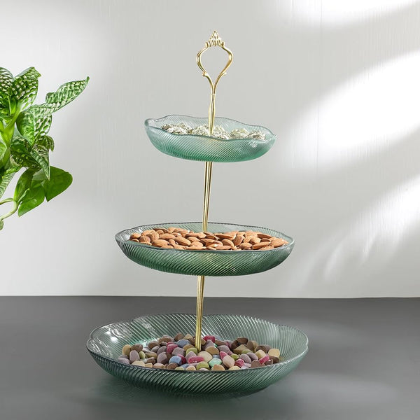 Luxe 3-laags Etagère – Groen Glas met Gouden Accenten | 35 cm Hoog