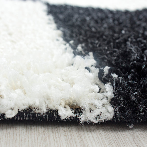 Vloerkleed LIFE SHAGGY – Geblokt Design Zwart/Wit/Grijs