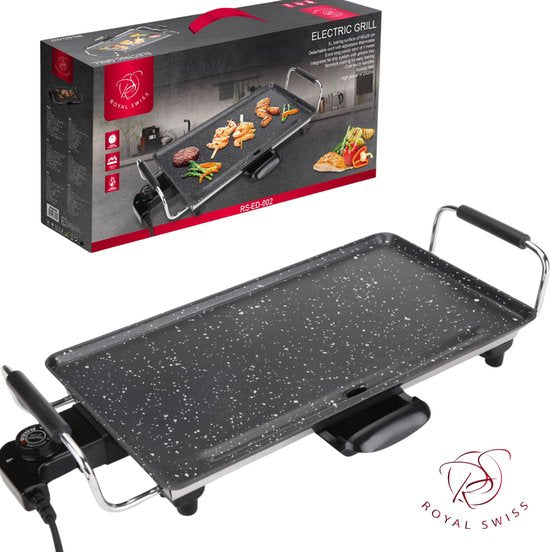 Royal Swiss Elektrische Grillplaat 2000W – Bakplaat 46×26 cm – Anti-aanbak – Thermostaat – Vetopvangbak