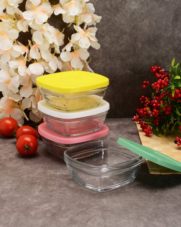 Pasabahce Pudding glazen vershoudkommetjes vierkant – set van 4 stuks met gekleurde deksel 310 ml