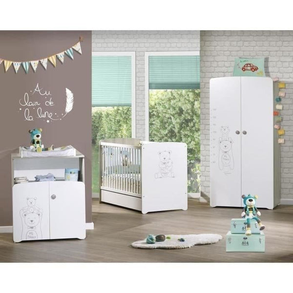 Complete Teddy babykamer – 3-delige babykamer set met bed 120x60 cm, commode en kledingkast – Wit