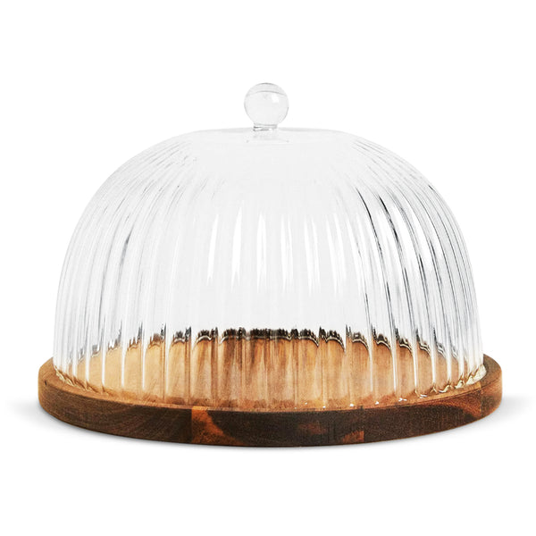 Acaciahouten serveerschaal Linea met glazen deksel – 22 cm