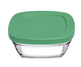 Pasabahce Pudding glazen vershoudkommetjes vierkant – set van 4 stuks met gekleurde deksel 310 ml