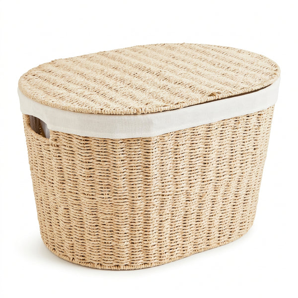 Naturel Boho wasmand met gesloten deksel, linnen rand en zichtbaar handvat