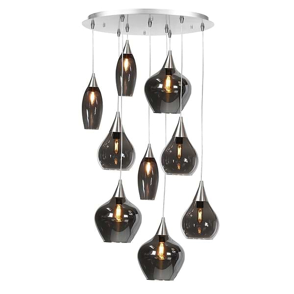 Hanglamp Neuss – 9-lichts – Smoke Glas – In Hoogte Verstelbaar – E14 Fitting – Zilver – detailfoto 2