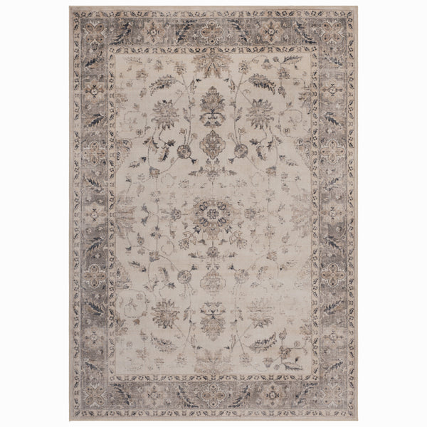 Rechthoekig beige vloerkleed Inka 1143 met vintage bloemendessin en donkere rand