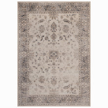 Rechthoekig beige vloerkleed Inka 1143 met vintage bloemendessin en donkere rand