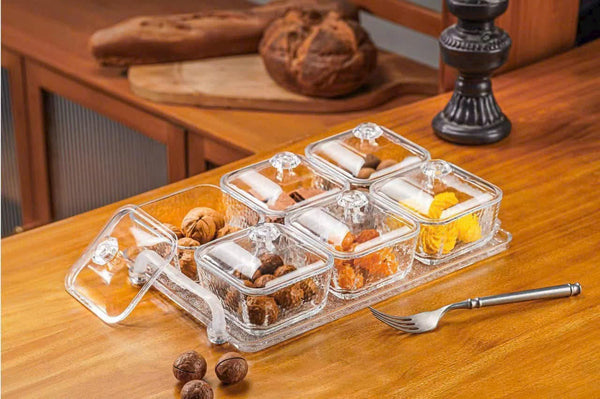 Glazen Schaaltjes op Dienblad – Set van 6 met Plastic Deksel